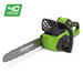 Greenworks 40V Brushless Chainsaw displayed on a white background, featuring a green and black body, long silver chain bar with “Greenworks Tools” logo, ergonomic handle, and a 40V Lithium Max badge in the corner highlighting cordless battery power.