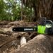 Greenworks 40V Brushless Chainsaw with a 40 cm (16") guide bar resting on a log in a forest, showcasing cordless battery-powered cutting performance for pruning trees, clearing fallen timber, and outdoor property maintenance.