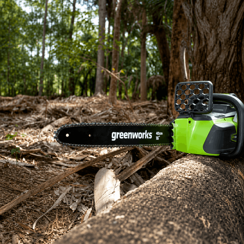 Greenworks 40V Brushless Chainsaw with a 40 cm (16") guide bar resting on a log in a forest, showcasing cordless battery-powered cutting performance for pruning trees, clearing fallen timber, and outdoor property maintenance.