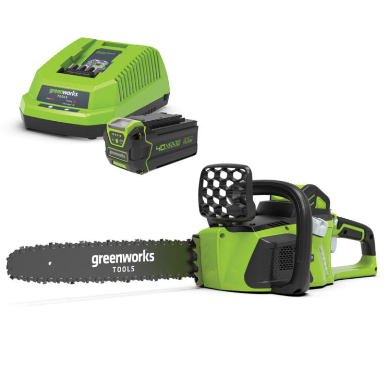 The Greenworks 40V Brushless Chainsaw Kit includes a green and black cordless chainsaw, 40V lithium battery, and fast charger. Displayed on a clean white background, highlighting the durable bar, ergonomic handle, and complete battery-powered tool package.
