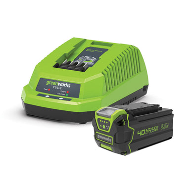 Greenworks 40V Charger Kit displayed on a white background, featuring a green battery charger with LED indicators and a black and green 40V lithium battery pack, highlighting the cordless power system for Greenworks tools and garden equipment.