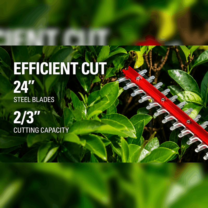 Greenworks 40V Hedge Trimmer close-up of the 24-inch dual-action steel blades cutting dense hedges, highlighting the 2/3-inch cutting capacity for clean, precise trimming of shrubs, bushes, and ornamental garden plants with cordless convenience.