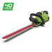 Greenworks 40V Hedge Trimmer shown in green and black with a long red dual-action blade, ergonomic handle, and 40V MAX lithium battery. Displayed on a clean white background with a green “40 Volt Lithium Max” badge in the corner.
