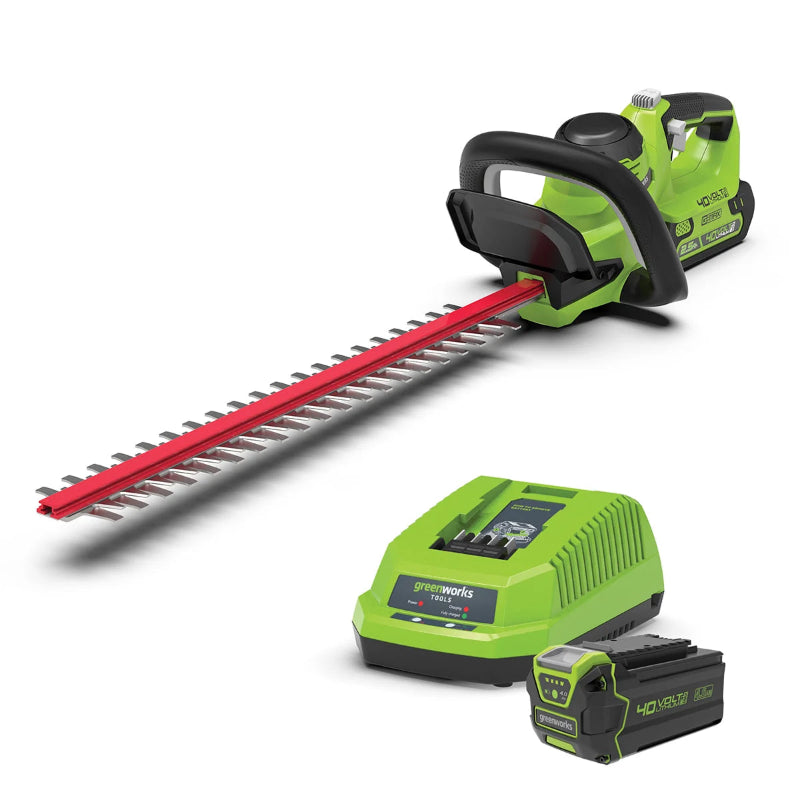 Greenworks 40V Hedge Trimmer Set displayed on a white background, featuring a cordless trimmer with red dual blades, green and black body, and included 40V lithium battery with charger, emphasizing its cordless power and garden-ready efficiency.