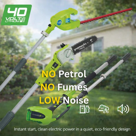 Greenworks 40V 2-in-1 Pole Saw / Hedge Trimmer with interchangeable hedge trimmer and chainsaw attachments, cordless lithium battery system, and low-noise electric operation for trimming tall hedges, pruning branches, and maintaining gardens without petrol fumes