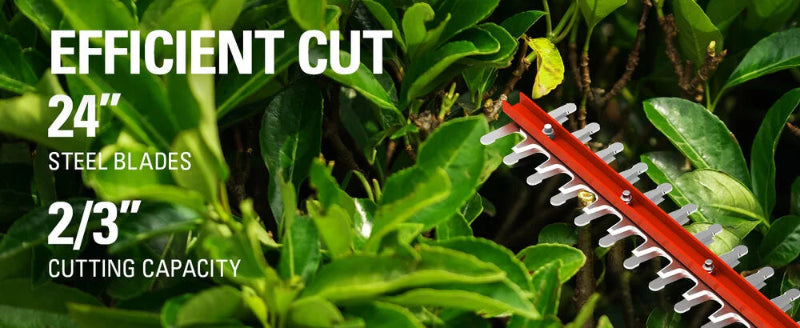 Close-up of Greenworks 40V Hedge Trimmer red blade cutting through dense green leaves, showing the “Efficient Cut” text highlighting 24-inch steel blades and two-thirds cutting capacity. Bright lighting emphasizes sharp blades and vibrant foliage for a promotional garden display.