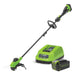 Greenworks 40V cordless string trimmer kit, which typically includes the string trimmer tool, a 40V lithium-ion battery, and a charger. This tool is designed for garden maintenance tasks, offering the convenience of cordless operation. 