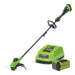 Greenworks 40V cordless string trimmer kit, which includes the string trimmer tool, a 40V lithium-ion battery, and a battery charger. 