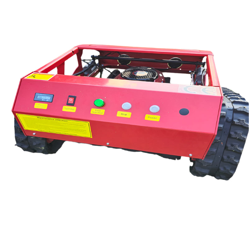 Rear control panel of the HighTop HT750 remote-controlled lawn mower showing power buttons, indicator lights, and start/stop controls on a red metal chassis.