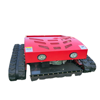 Front view of the HighTop HT750 remote-controlled tracked lawn mower with red body, LED headlights, and rugged rubber tracks for all-terrain mowing.