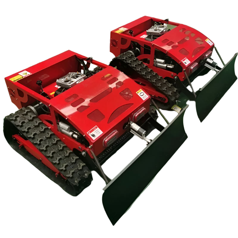 Two red HighTop HT750 remote-controlled tracked lawn mowers with front-mounted blades, shown side by side, designed for slope and heavy grass cutting.