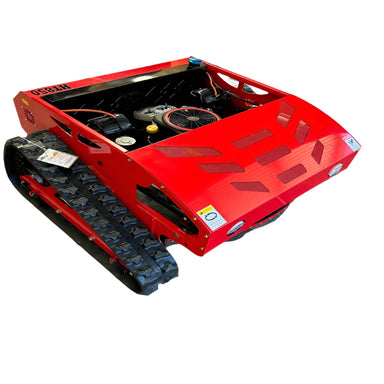 HighTop HT850 remote-controlled tracked lawn mower in red, featuring a powerful engine and rugged design for mowing steep slopes and rough terrain.