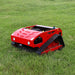 HighTop HT850 remote-controlled tracked lawn mower operating on grassy terrain, showing its red body, wide rubber tracks, and slope-mowing capability.