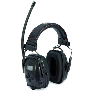 A pair of Honeywell Sync Electro electronic earmuffs in matte black, featuring thick padded cushions and a textured headband with orange stitching. A flexible antenna extends from the left earcup, which also contains an LCD digital display and control buttons, set against a plain white background.