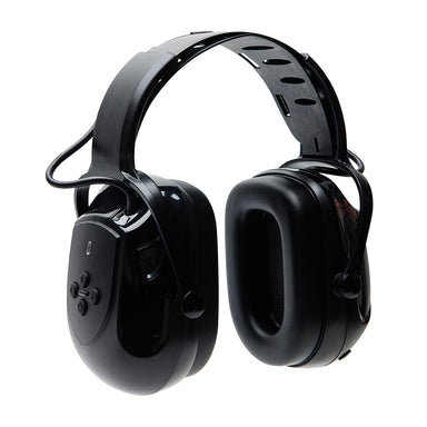 Black Honeywell Sync Wireless Bluetooth earmuffs featuring large padded ear cups and a ventilated black plastic headband. The left ear cup has integrated control buttons and a Bluetooth symbol, shown from a front-facing perspective against a plain white background.