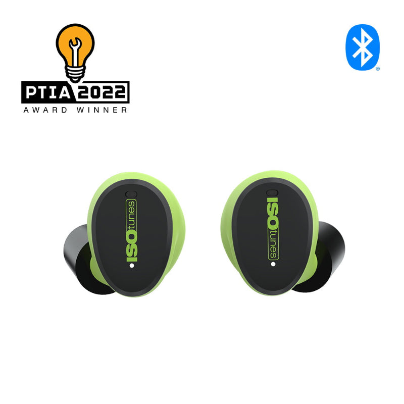 ISOtunes Free Aware true wireless Bluetooth earbuds in black and green, PTIA 2022 award-winning design with noise isolation and hearing protection for safe, clear audio.