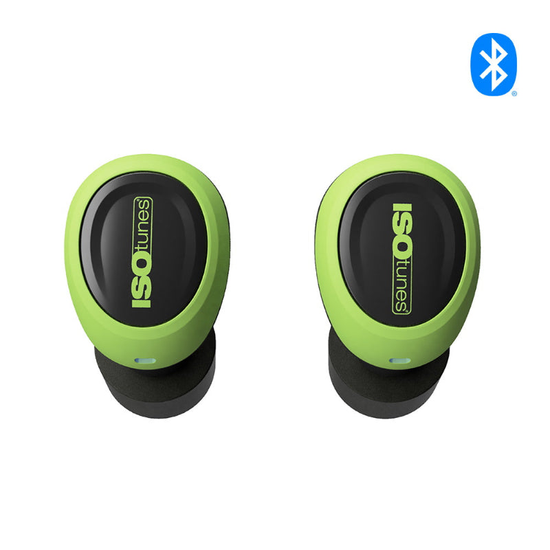 ISOtunes Free 2.0 true wireless Bluetooth earbuds with in-ear noise-isolating fit, designed for hearing protection while listening to music or taking calls during mowing, construction, and other noisy work environments.