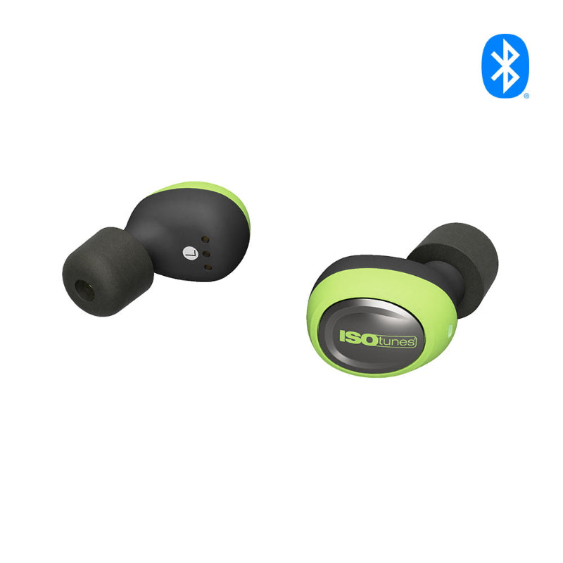 ISOtunes Free 2.0 true wireless Bluetooth earbuds with in-ear noise-isolating design, used for hands-free calls and music while reducing background noise during work, mowing, and outdoor tasks.