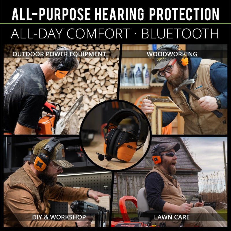 ISOtunes Link 2.0 Bluetooth hearing protection earmuffs shown across outdoor power equipment, woodworking, DIY, and lawn care tasks, demonstrating all-day comfort, over-ear noise reduction, and wireless audio use in varied noisy work environments.