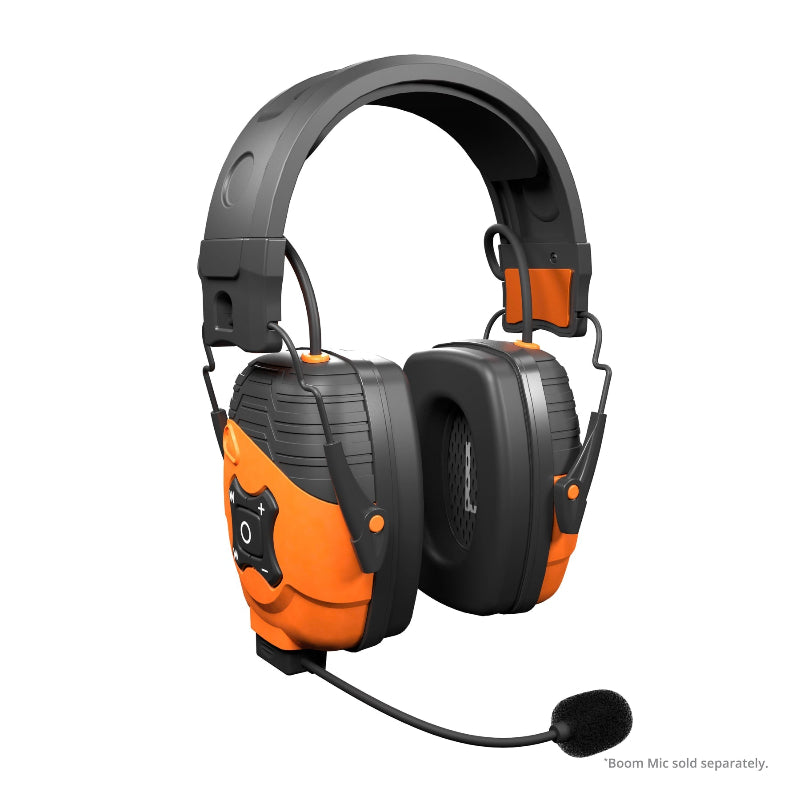 ISOtunes Link 2.0 over-ear Bluetooth hearing protection earmuffs shown on a white background, featuring padded ear cups, adjustable headband, built-in controls, and optional boom microphone port, used to reduce noise while enabling wireless audio and communication in loud work environments.