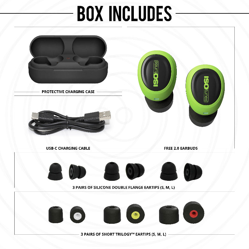 ISOtunes Free 2.0 box contents showing true wireless earbuds, protective charging case, USB-C charging cable, silicone double-flange eartips, and short Trilogy eartips, used to customize fit and provide Bluetooth audio with hearing protection for work environments.