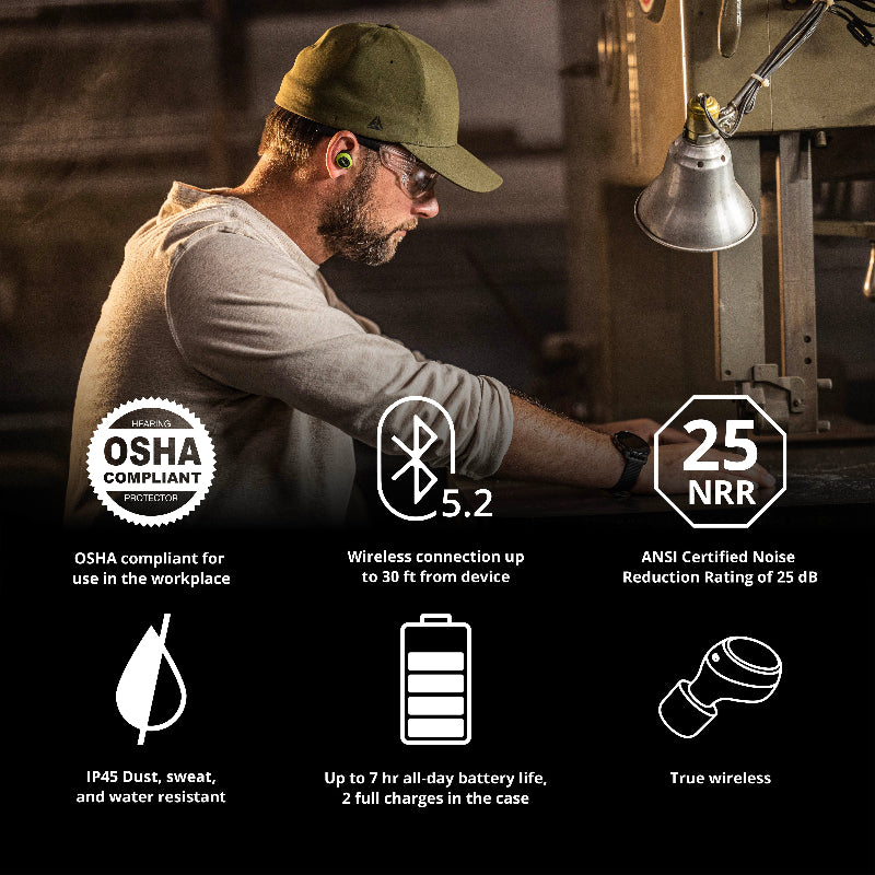 ISOtunes Free 2.0 Bluetooth hearing protection earbuds shown in use in a workshop, highlighting OSHA compliance, 25 NRR noise reduction, wireless range, battery life, and sweat-resistant design for safe audio use in noisy work environments.