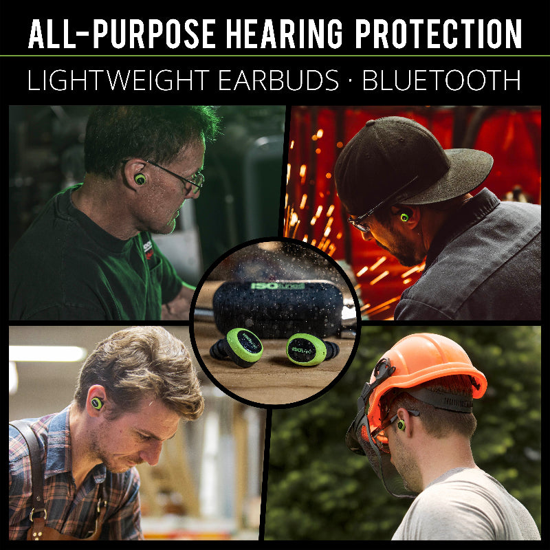 ISOtunes Free 2.0 Bluetooth hearing protection earbuds shown across multiple work settings, including welding, machinery operation, carpentry, and outdoor tasks, demonstrating lightweight in-ear protection with wireless audio for noisy job sites.