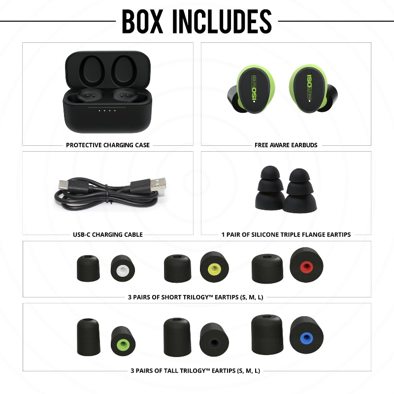 ISOtunes Free Aware earbuds set with charging case, USB-C cable, silicone triple flange eartips, and short and tall Trilogy eartips in multiple sizes.