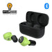 ISOtunes Free Aware Bluetooth earbuds in neon green with black charging case, PTIA 2022 award-winning wireless hearing protection with ambient awareness feature.