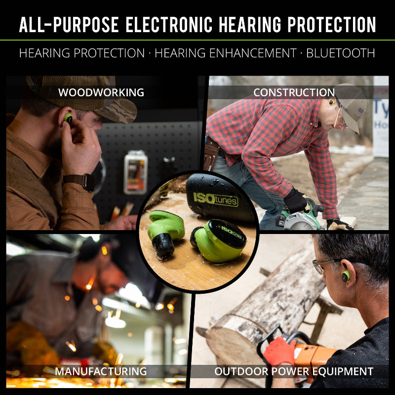 ISOtunes Free Aware earbuds shown in use for woodworking, construction, manufacturing, and outdoor power equipment, highlighting Bluetooth hearing protection and enhancement.