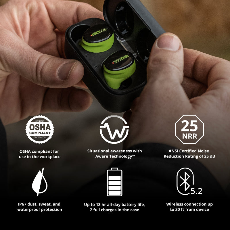Hands holding ISOtunes Free Aware earbuds case with icons highlighting OSHA compliance, Aware Technology, 25dB NRR, IP67 waterproof rating, 13-hour battery life, and Bluetooth 5.2 connectivity.