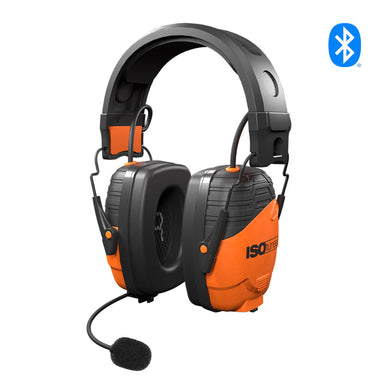 ISOtunes Link 2.0 Bluetooth earmuff with over-ear hearing protection and attached boom microphone, used to reduce workplace noise while enabling clear hands-free calls and audio during construction, mowing, and industrial tasks.