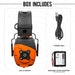 ISOtunes Link 2.0 box contents showing Bluetooth earmuffs, USB charging cable, and removable lithium-ion battery, used to provide over-ear hearing protection with wireless audio and replaceable power for noisy work environments.