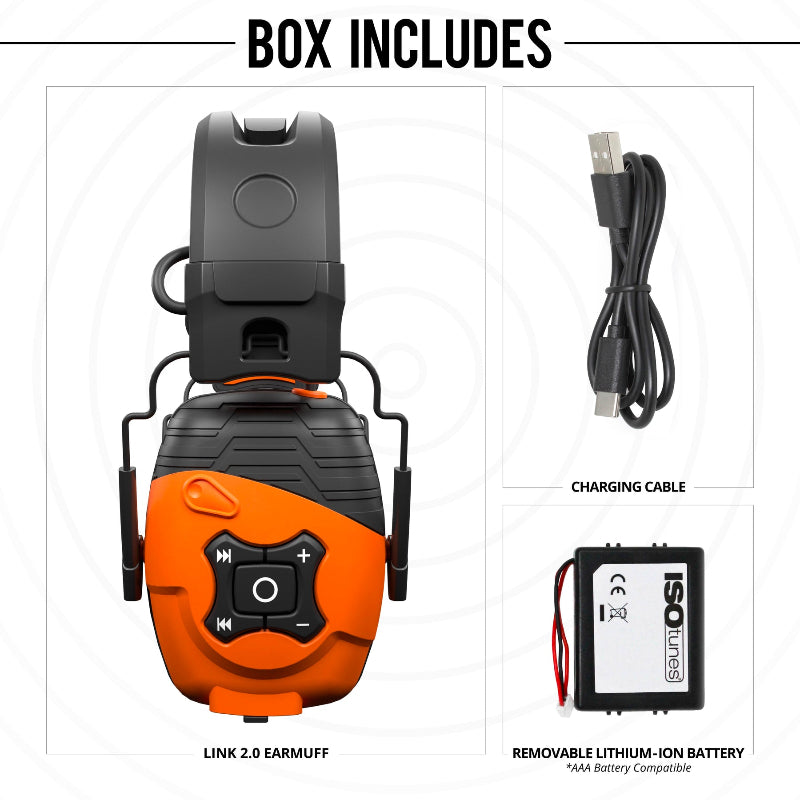 ISOtunes Link 2.0 box contents showing Bluetooth earmuffs, USB charging cable, and removable lithium-ion battery, used to provide over-ear hearing protection with wireless audio and replaceable power for noisy work environments.