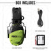 ISOtunes Link Aware box contents showing electronic Bluetooth earmuffs, USB-C charging cable, and removable lithium-ion battery, used to provide over-ear hearing protection with sound awareness and wireless audio for noisy work and outdoor environments.