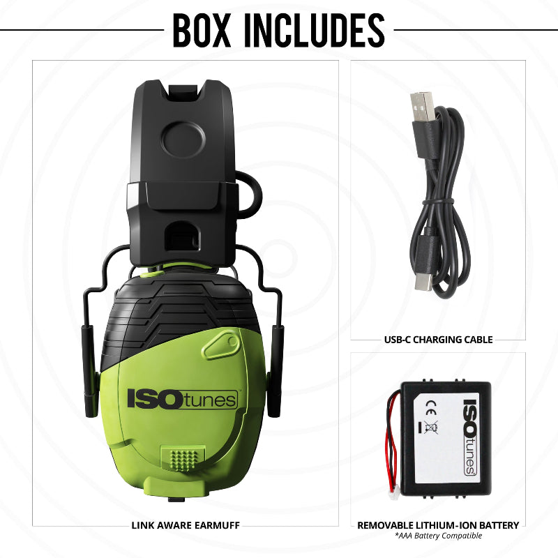 ISOtunes Link Aware box contents showing electronic Bluetooth earmuffs, USB-C charging cable, and removable lithium-ion battery, used to provide over-ear hearing protection with sound awareness and wireless audio for noisy work and outdoor environments.