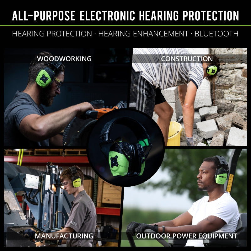 ISOtunes Link Aware electronic Bluetooth earmuffs shown in woodworking, construction, manufacturing, and outdoor power equipment use, providing over-ear hearing protection with sound enhancement to reduce harmful noise while maintaining situational awareness during professional work tasks.