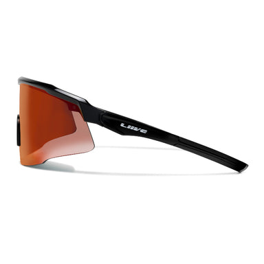 Side view of LIIVE Safety Chisel Mirror sunglasses in matte black featuring smoke-tinted mirrored lens and sleek wraparound frame. Lightweight design offering durable protection and style for outdoor, industrial, and sports applications.