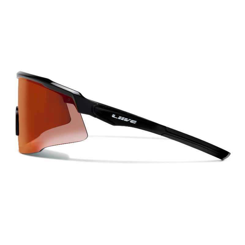 Side view of LIIVE Safety Chisel Mirror sunglasses in matte black featuring smoke-tinted mirrored lens and sleek wraparound frame. Lightweight design offering durable protection and style for outdoor, industrial, and sports applications.