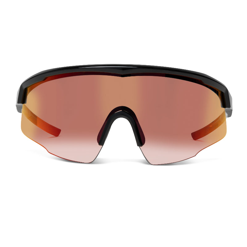 Front view of LIIVE Safety Chisel Mirror sunglasses in matte black featuring a single smoke-tinted red mirror lens. Wraparound sports design providing full eye coverage, UV protection, and a modern aerodynamic look for outdoor work or recreation.