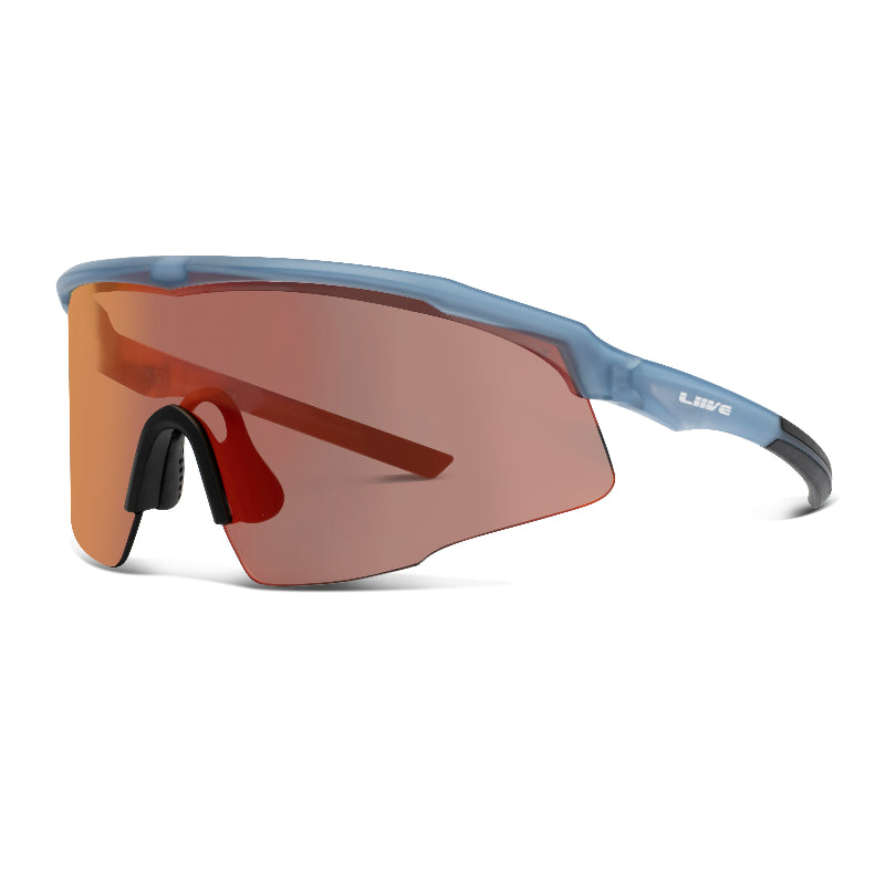 Angled view of LIIVE Safety Chisel Mirror sunglasses in matte grey with red mirrored lens. Features a lightweight wraparound design, adjustable nose pads, and durable frame for maximum comfort, UV protection, and eye safety in outdoor environments.