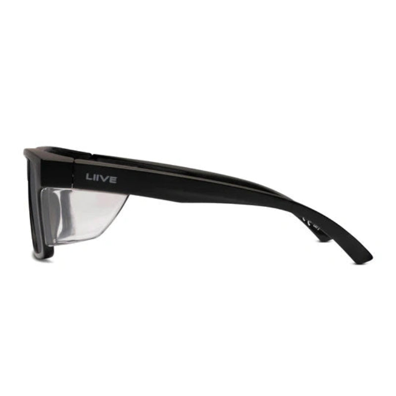 Side view of LIIVE Safety Tradie Polarised sunglasses in matte black with clear blinker side shields. Features durable wraparound arms and high-clarity protection lenses designed for worksites and outdoor environments.