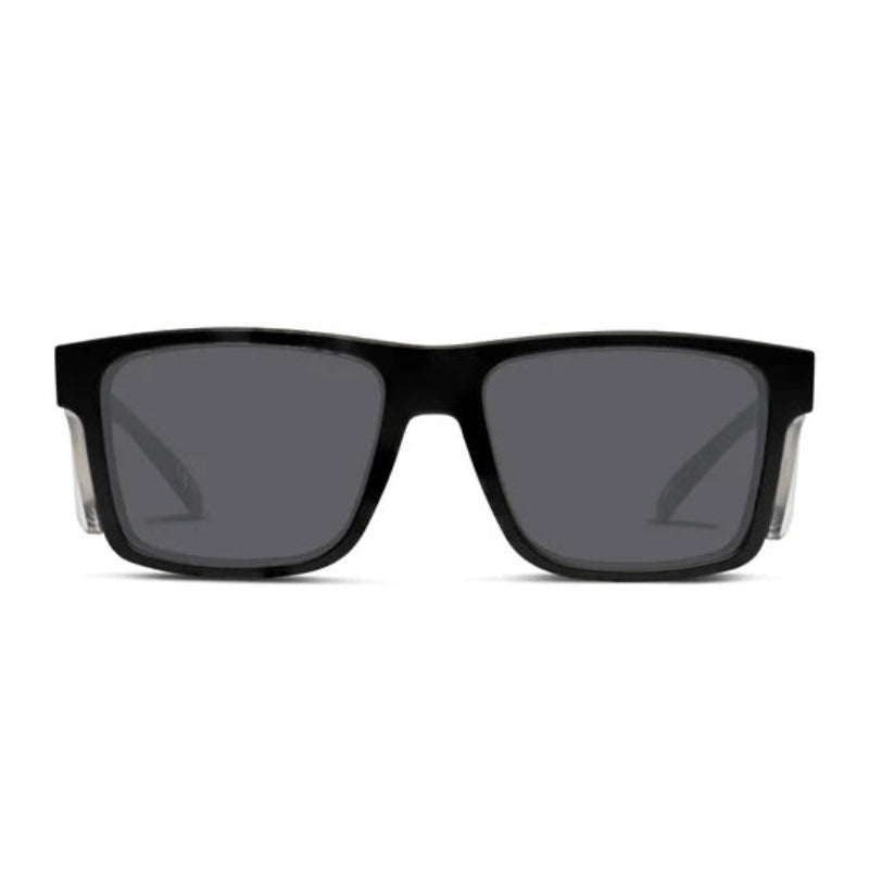 Front view of LIIVE Safety Tradie Polarised sunglasses in matte black with clear side blinkers and smoke lenses. Sleek rectangular frame offers full UV protection and rugged durability for worksites, outdoor labor, and sun safety.