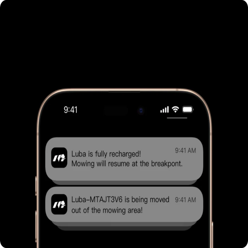 A smartphone screen showing Mamotion LUBA AWD X app notifications about recharging and movement alerts, demonstrating real-time smart control and connectivity for seamless lawn management.