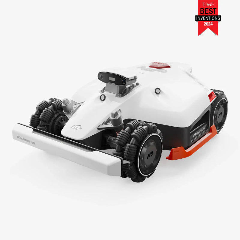 A MAMMOTION Luba AWD X robotic lawn mower with an all-wheel-drive system, sleek white and black body, and red safety accents. It features advanced cameras and sensors on the front, designed for autonomous lawn care. Recognized as one of TIME’s Best Inventions of 2024, displayed against a clean white background.