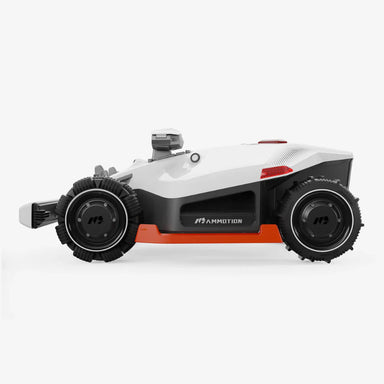 Side profile of the MAMMOTION Luba AWD X robotic lawn mower showcasing its rugged all-wheel-drive tires, sleek aerodynamic body in white and black with orange trim, and integrated sensors. Designed for autonomous mowing across varied terrains with precision and efficiency.