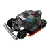 A transparent render of the Mammotion LUBA AWD X robotic lawn mower revealing its internal components, including the lithium battery, sensors, and motor system, placed on a smooth dark gray surface.