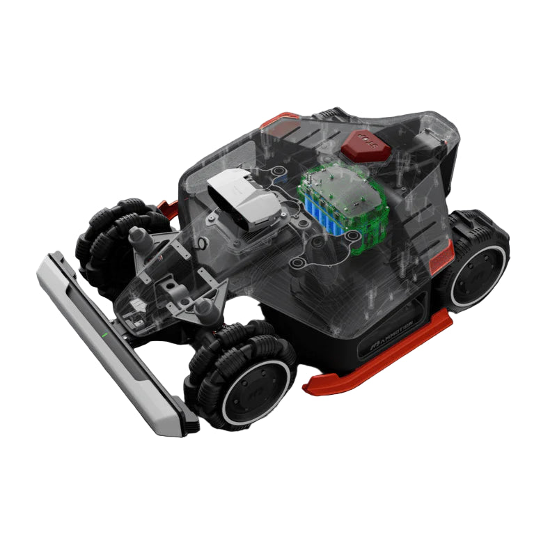 A transparent render of the Mammotion LUBA AWD X robotic lawn mower revealing its internal components, including the lithium battery, sensors, and motor system, placed on a smooth dark gray surface.