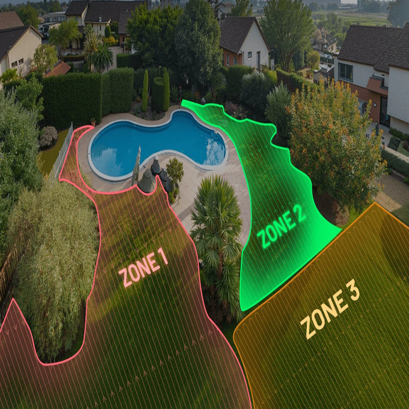 Aerial view of a landscaped backyard with a pool, trees, and lawn divided into three mowing zones outlined in red, green, and yellow. The zones demonstrate the Mammotion Luba AWD X robotic mower’s smart multi-zone mowing capability.