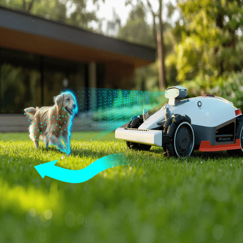 Mammotion Luba AWD X robotic mower on grass detects a small running dog with sensor visualization. Blue digital waves show obstacle recognition, redirecting mower’s path safely, with a modern house and greenery in the background.